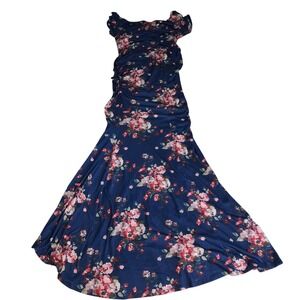 PinkBlush Maternity Floral Maxi Dress Navy Blue Ruched on off Shoulder Sz Large